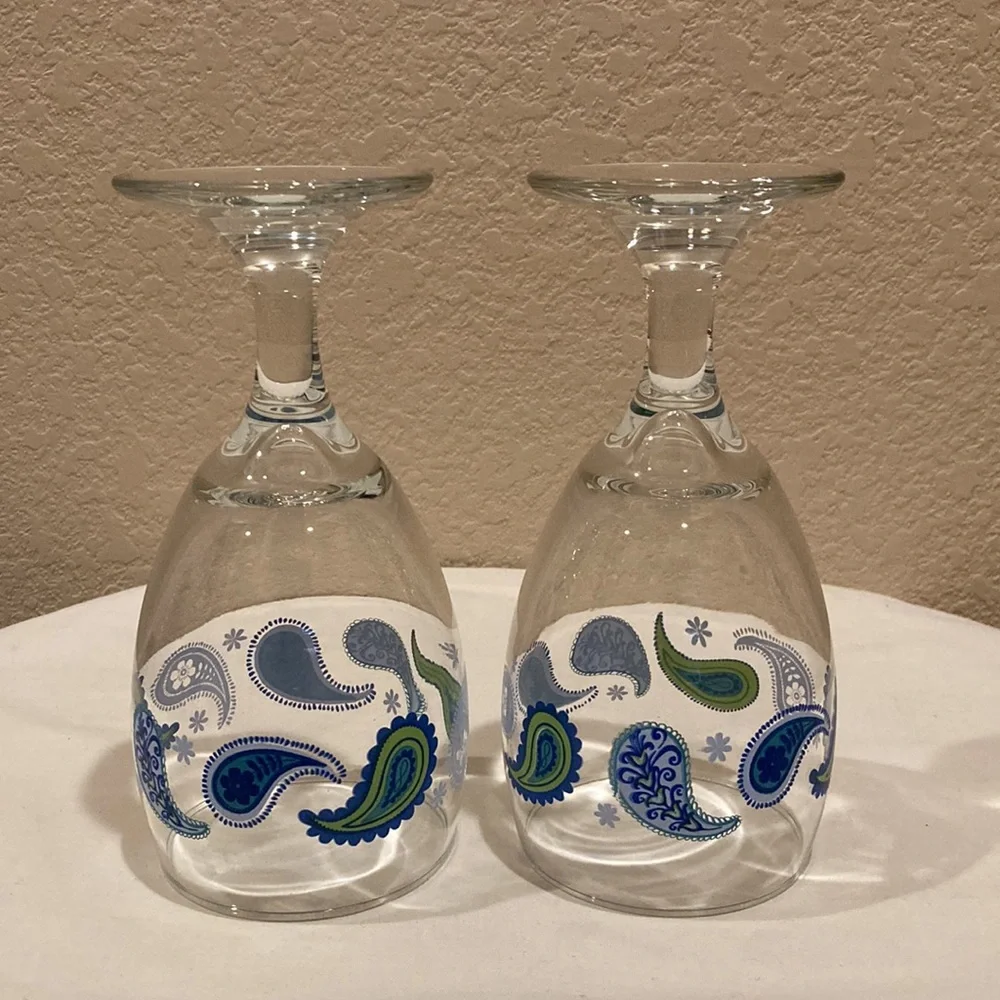 Set of 2 Libbey Paisley Wine Water Goblets Glasses Blue and Green Design 14oz